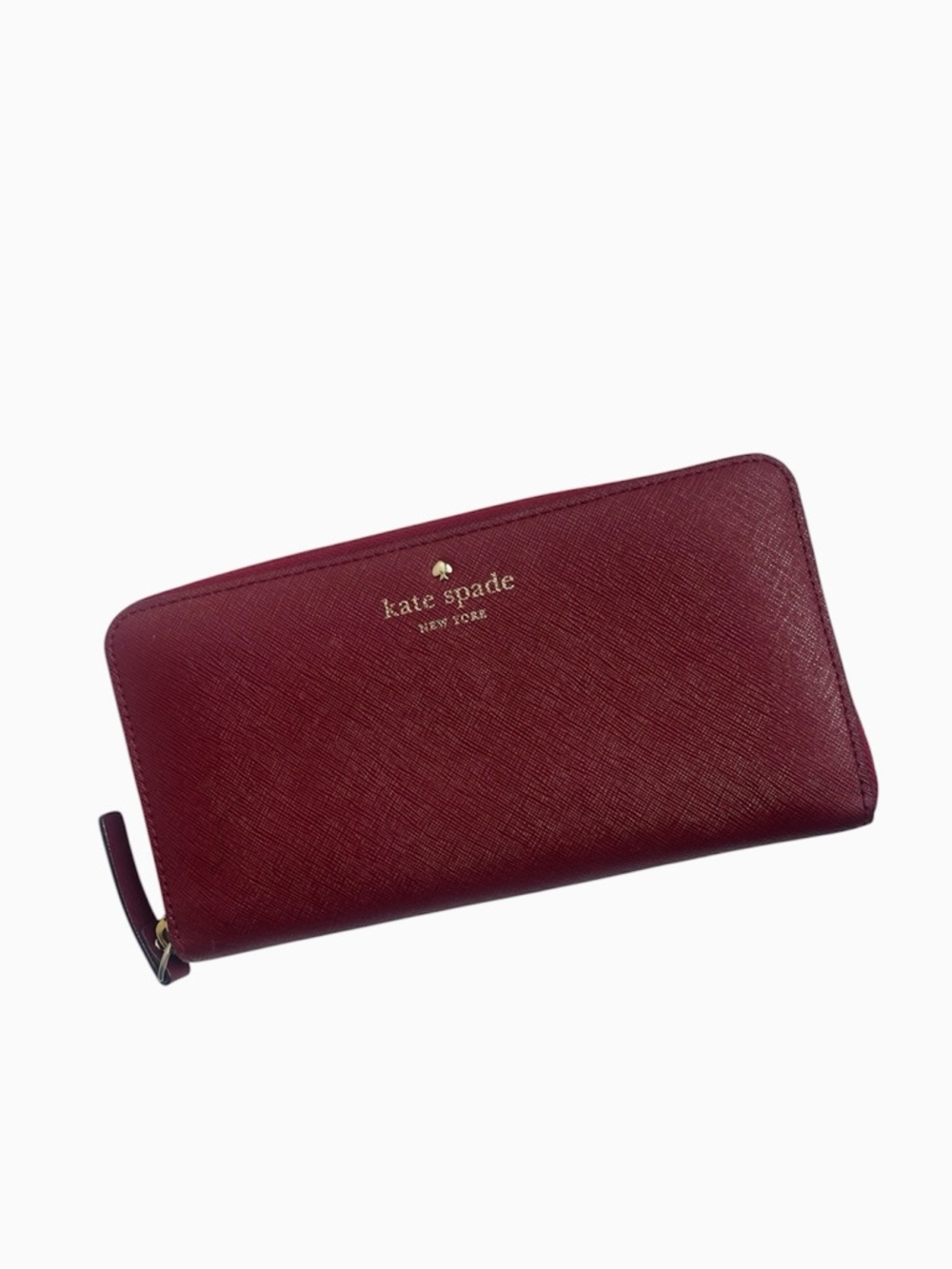 kate spade Burgundy Zip-Around Saffiano Leather Wallet with Gold Logo